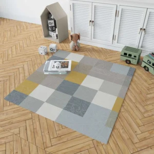 Modern Grey Yellow White Blue Patchwork Rug 1