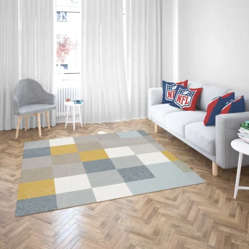 Modern Grey Yellow White Blue Patchwork Rug 2