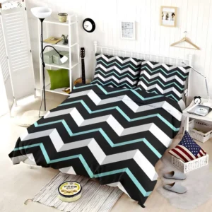 Modern White And Black Blue Chevron Bedding Set