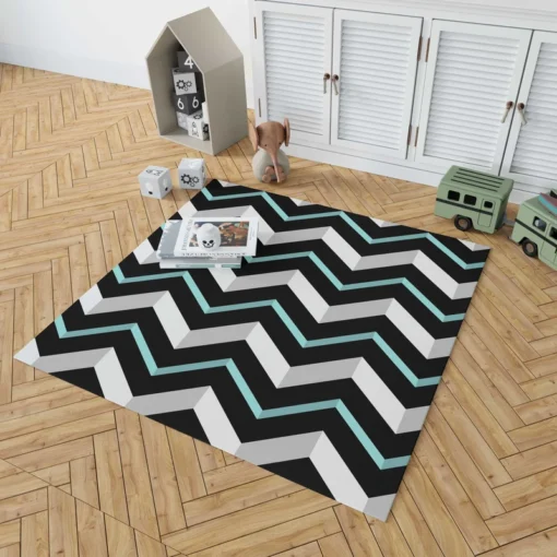 Modern White And Black Blue Chevron Rug 1