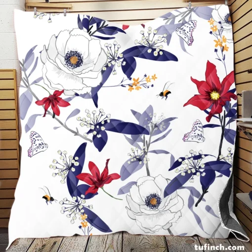 Monotone Red Floral Quilt Blanket