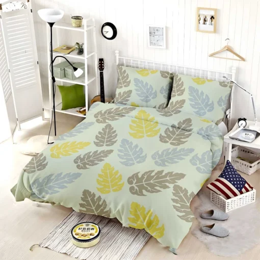 Monstera Blue Yellow Brown Leaves Bedding Set