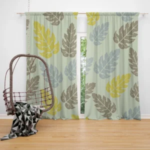 Monstera Blue Yellow Brown Leaves Curtain