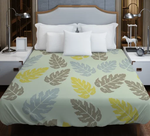 Monstera Blue Yellow Brown Leaves Duvet Cover