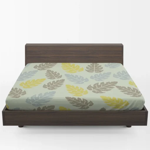 Monstera Blue Yellow Brown Leaves Fitted Sheet 1