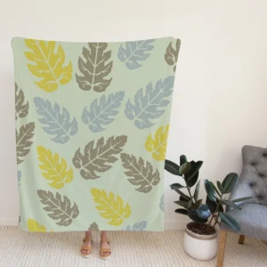 Monstera Blue Yellow Brown Leaves Fleece Blanket