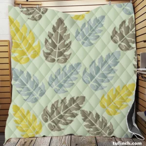 Monstera Blue Yellow Brown Leaves Quilt Blanket