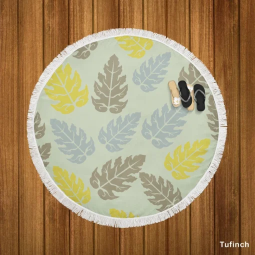 Monstera Blue Yellow Brown Leaves Round Beach Towel