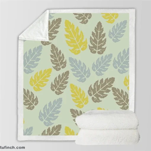 Monstera Blue Yellow Brown Leaves Sherpa Fleece Blanket