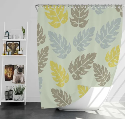 Monstera Blue Yellow Brown Leaves Shower Curtain