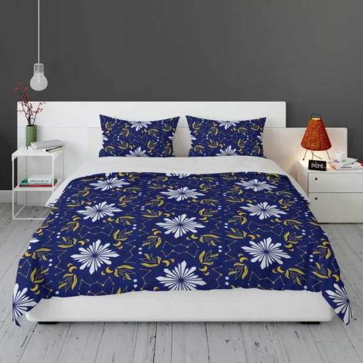 Moon Star Floral Pattern On Blue Background Bedding Set 1