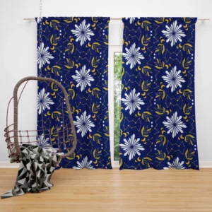 Moon Star Floral Pattern On Blue Background Curtain