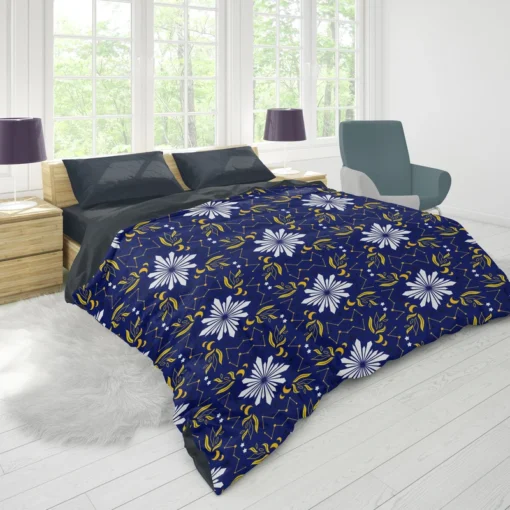 Moon Star Floral Pattern On Blue Background Duvet Cover 1