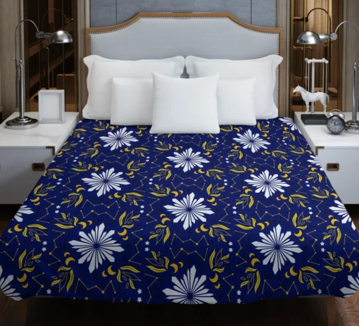 Moon Star Floral Pattern On Blue Background Duvet Cover