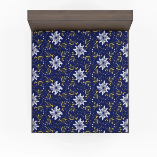 Moon Star Floral Pattern On Blue Background Fitted Sheet