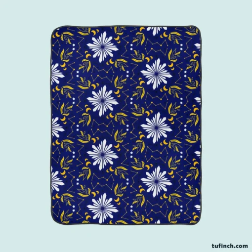 Moon Star Floral Pattern On Blue Background Fleece Blanket 1