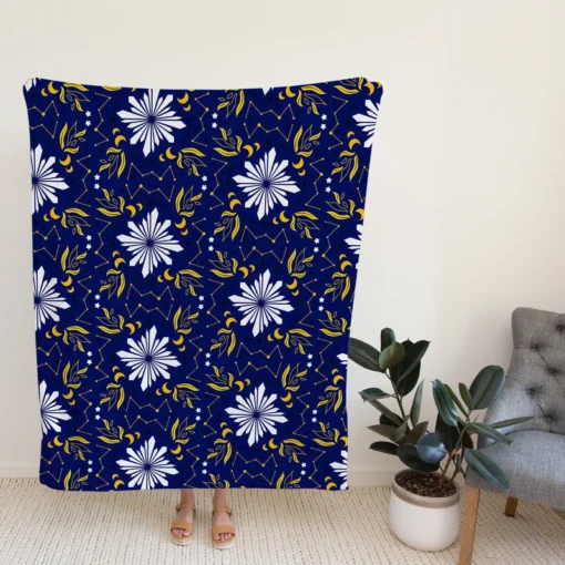 Moon Star Floral Pattern On Blue Background Fleece Blanket