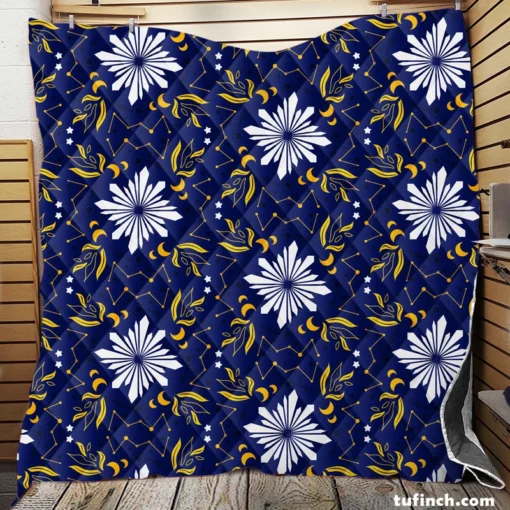 Moon Star Floral Pattern On Blue Background Quilt Blanket