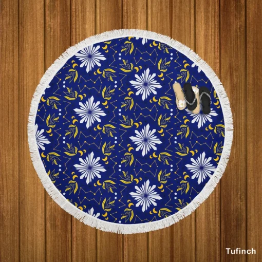 Moon Star Floral Pattern On Blue Background Round Beach Towel