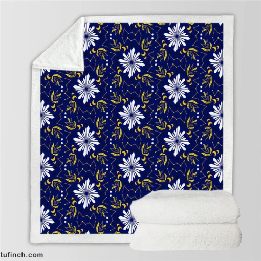 Moon Star Floral Pattern On Blue Background Sherpa Fleece Blanket