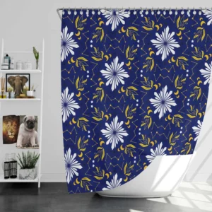 Moon Star Floral Pattern On Blue Background Shower Curtain