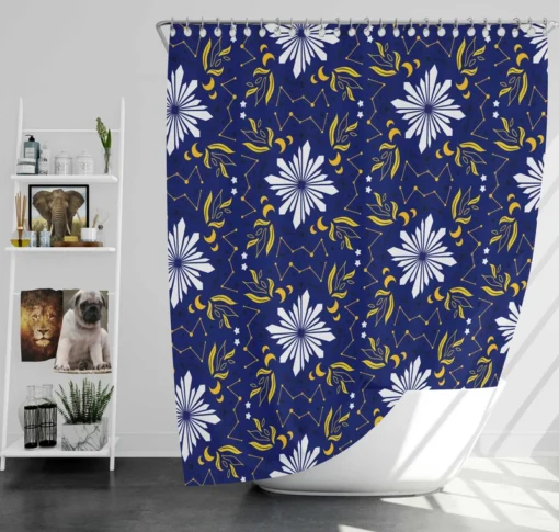 Moon Star Floral Pattern On Blue Background Shower Curtain