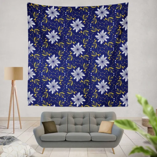 Moon Star Floral Pattern On Blue Background Wall Tapestry