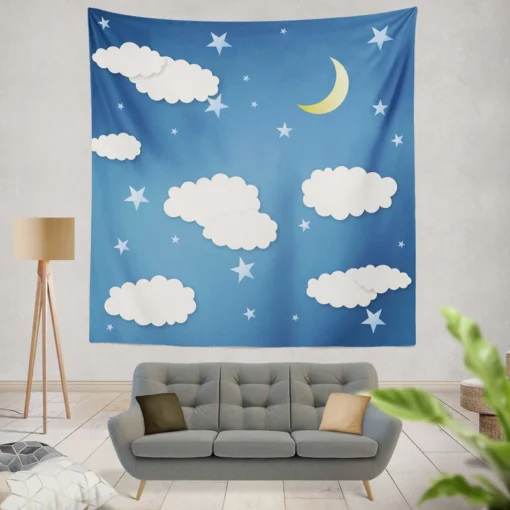 Moonlit Clouds With Stars Wall Tapestry