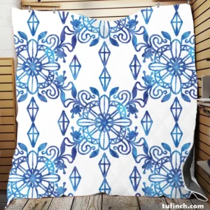 Moroccan Blue White Ornament Quilt Blanket