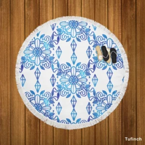 Moroccan Blue White Ornament Round Beach Towel