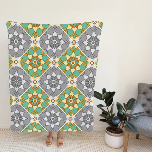 Moroccan Geometric Floral Design Fleece Blanket