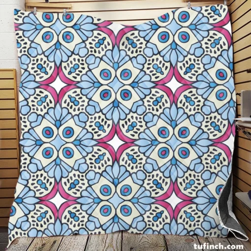 Moroccan Pink Blue Design Quilt Blanket