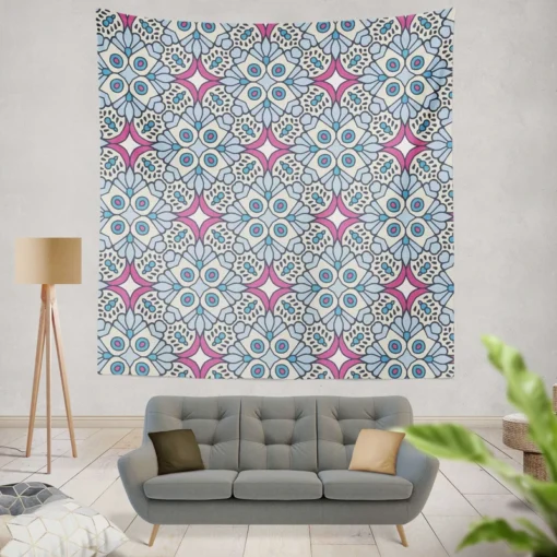 Moroccan Pink Blue Design Wall Tapestry