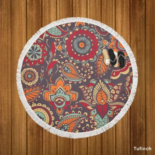 Motley Oriental Paisley Design Round Beach Towel