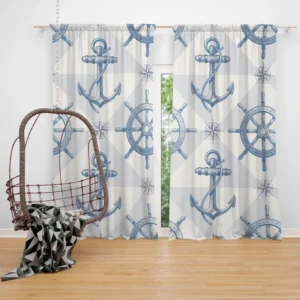 Nautical Anchors Wheel Compass Nautical Pattern Curtain