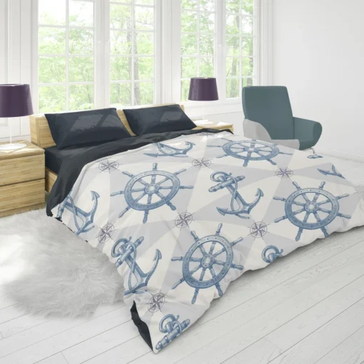 Nautical Anchors Wheel Compass Nautical Pattern Duvet Cover 1