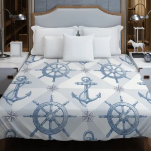 Nautical Anchors Wheel Compass Nautical Pattern Duvet Cover