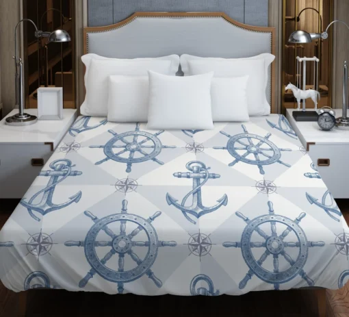 Nautical Anchors Wheel Compass Nautical Pattern Duvet Cover