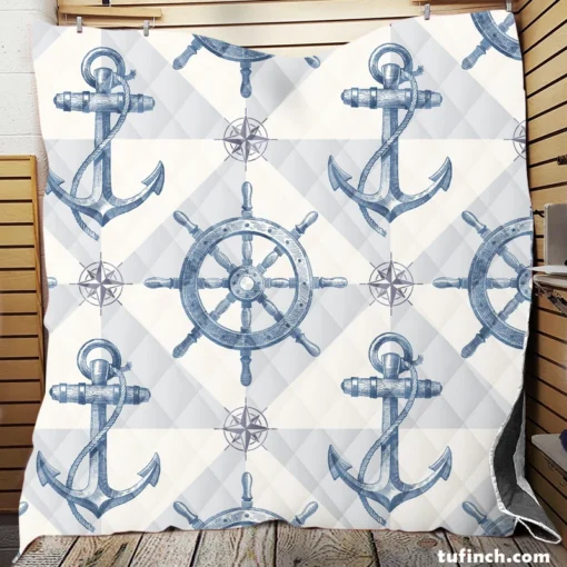 Nautical Anchors Wheel Compass Nautical Pattern Quilt Blanket