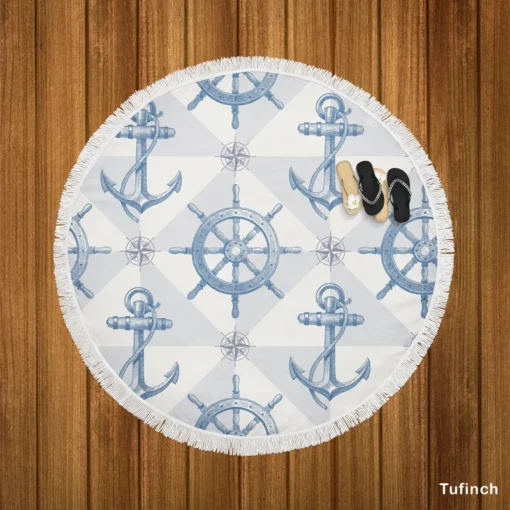 Nautical Anchors Wheel Compass Nautical Pattern Round Beach Towel