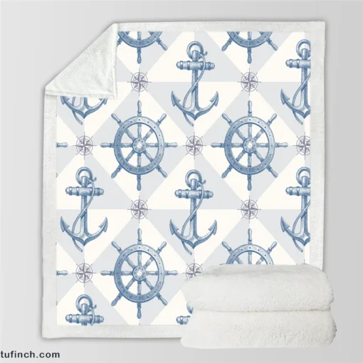 Nautical Anchors Wheel Compass Nautical Pattern Sherpa Fleece Blanket