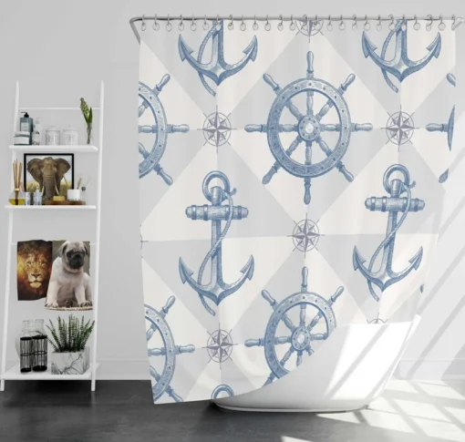 Nautical Anchors Wheel Compass Nautical Pattern Shower Curtain