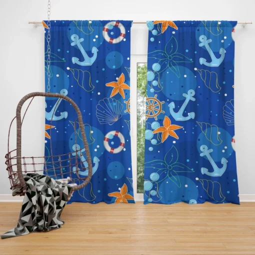 Nautical Pattern Anchor Starfish Shells Curtain