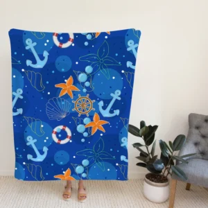 Nautical Pattern Anchor Starfish Shells Fleece Blanket