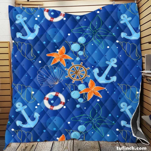 Nautical Pattern Anchor Starfish Shells Quilt Blanket