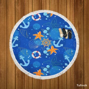 Nautical Pattern Anchor Starfish Shells Round Beach Towel