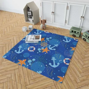 Nautical Pattern Anchor Starfish Shells Rug 1