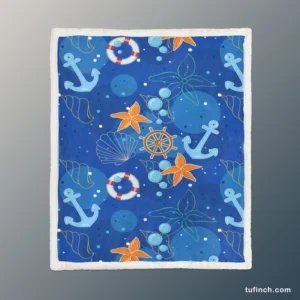 Nautical Pattern Anchor Starfish Shells Sherpa Fleece Blanket 1