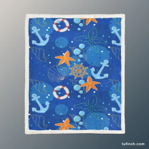 Nautical Pattern Anchor Starfish Shells Sherpa Fleece Blanket 1