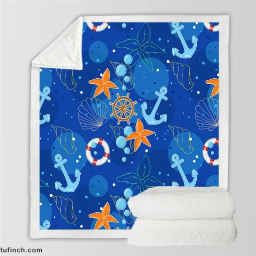 Nautical Pattern Anchor Starfish Shells Sherpa Fleece Blanket